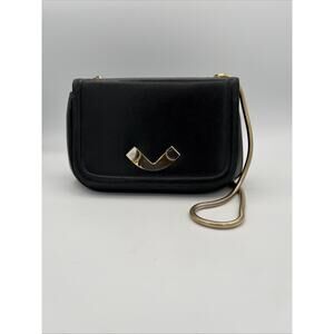 RARE Miss Lewis VINTAGE Over Shoulder Purse Black Art Deco Leather Gold Silver